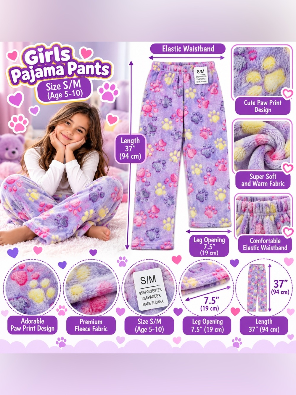 Kids Fleece Pajama Pants S/M Soft Plush Warm Girls Sleepwear Lounge Pants